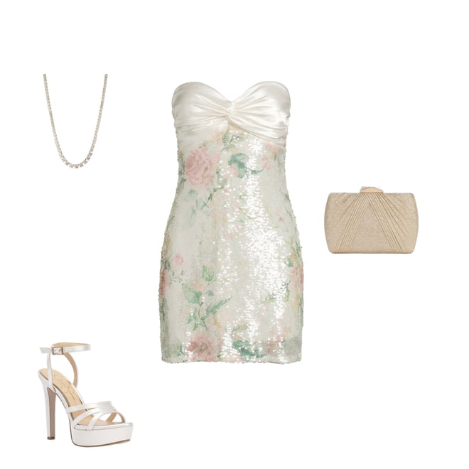 City Vibe Floral Printed Sequin Mesh Twist Front Bandeau Dress