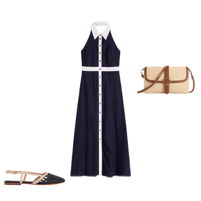 Eva Collar Halter Linen Dress-Navy Ivory | Boden USA