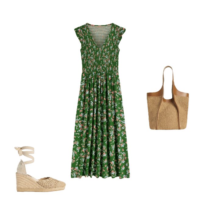 Smocked Jersey Midi Dress-Promenade Green, Bloom Scatter | Boden USA