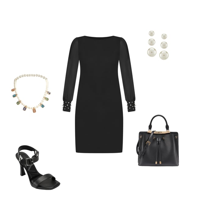 karl lagerfeld black dress with pearls Karl Lagerfeld 1980's Black Dress – Vintage Grace