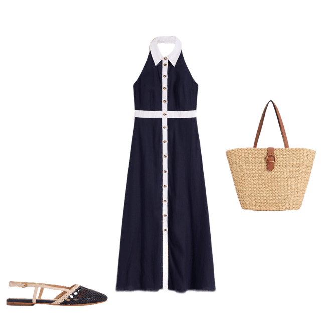 Collar Halter Neck Linen Dress-Navy Ivory | Boden USA