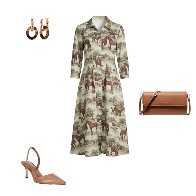 Double D Ranch Horse Culture Print Point Collar 3/4 Sleeve A-Line Midi Dress  | Dillard's