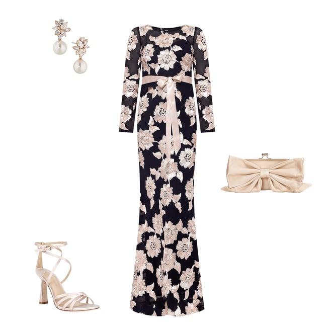 Betsy & Adam Floral Embroidered Mesh Crew Neck Long Sleeve Tie Waist Gown |  Dillard's