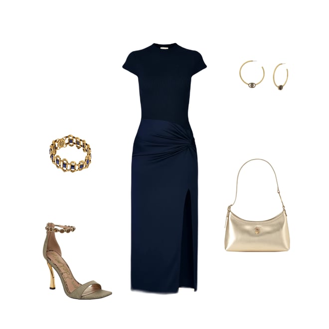 トップス GADID ANONIEM PAVO / NAVY SIZE 0 Line and Dot Pavo Mock Neck Cap Sleeve Mix-Media Maxi Dress