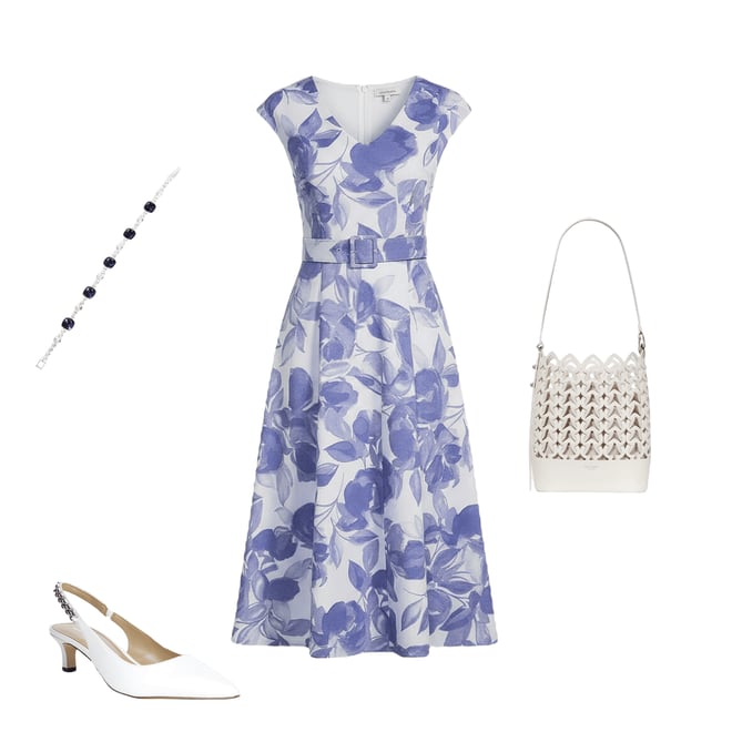 Calvin Klein Floral Print Heavy Weight Scuba V-Neck Cap Sleeve Belted Midi  Dress