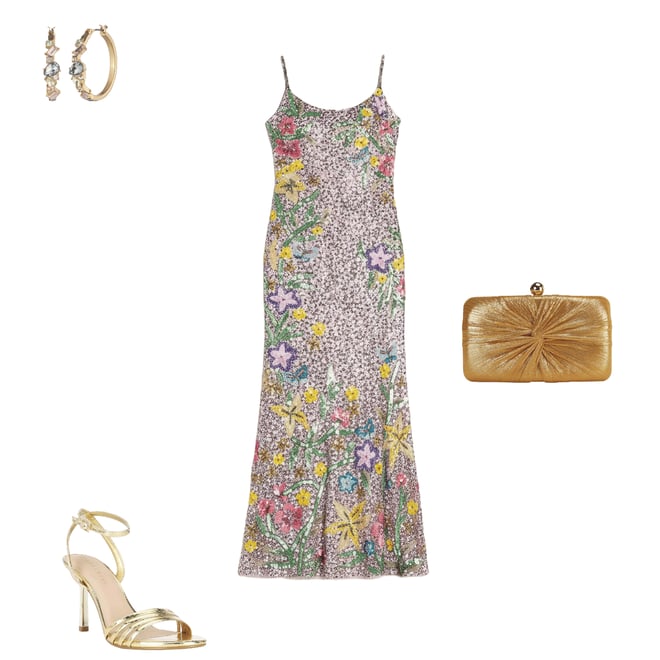 mac duggal scoop-neck floral beaded mesh midi dress Beige Floral Beaded Scoop Neck Midi Dress main image 1