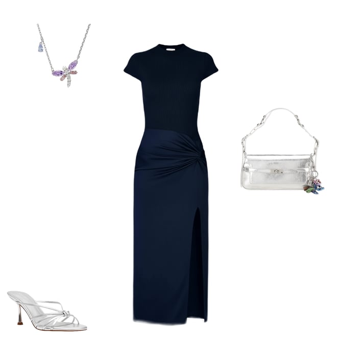 トップス GADID ANONIEM PAVO / NAVY Line and Dot Pavo Mock Neck Cap Sleeve Mix-Media Maxi Dress