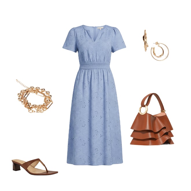 Anne Klein Eyelet Embroidered V-Neck Short Sleeve Midi Dress | Dillard's