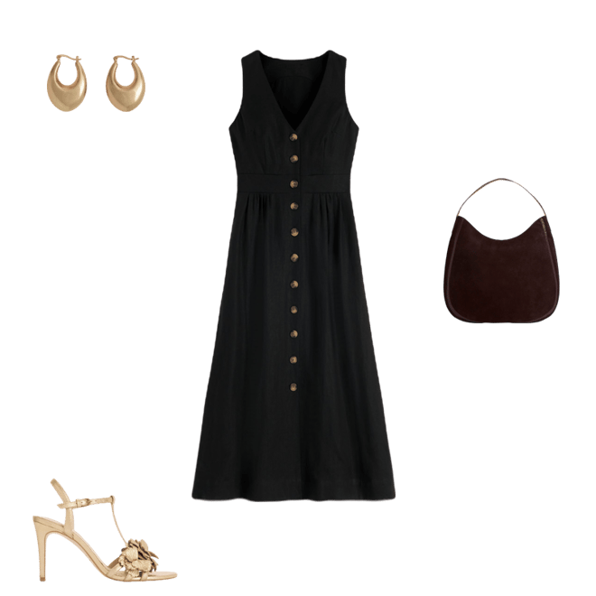 Catherine Button Linen Dress-Black | Boden USA