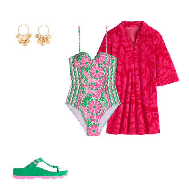 boden towelling beach dress Short Collared Towelling Dress-Merida Red, Ornamental Foliage