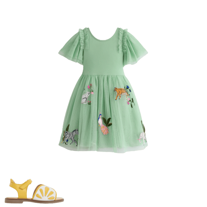 Boden Girls Short Sleeve Logo Tulle Dress in Green | Size 7-8 Years