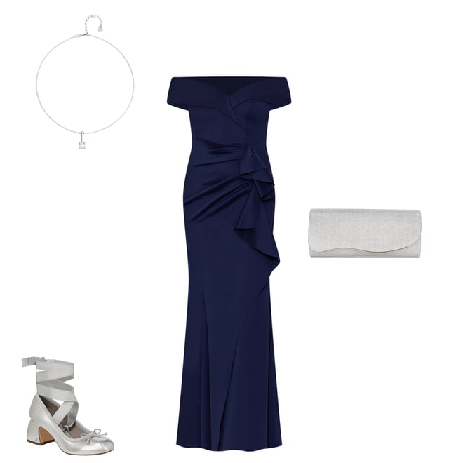 Xscape Petite Size Short Sleeve Off-The-Shoulder Sweetheart Neck Cascade  Ruffle Scuba Gown
