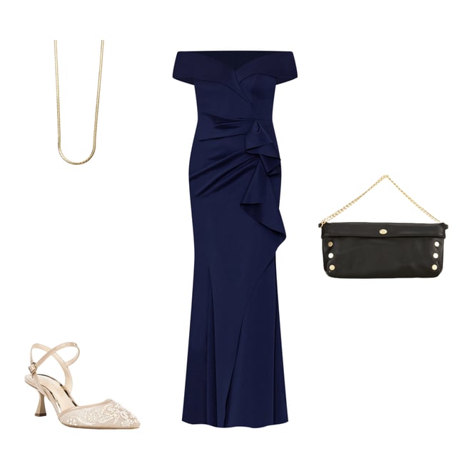 Xscape Petite Size Short Sleeve Off-The-Shoulder Sweetheart Neck Cascade  Ruffle Scuba Gown | Dillard's