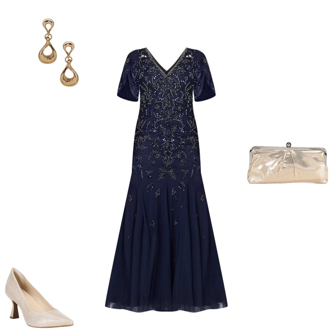 Adrianna Papell Beaded V-Neck 3/4 Petal Sleeve Mermaid Gown | Dillard's