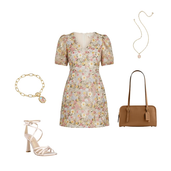 Eliza J Petite Size Floral Print Embroidered Mesh V-Neck Short Puff Sleeve  Fit And Flare Dress