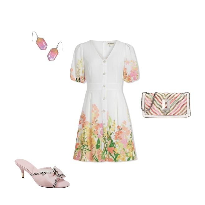 KARL LAGERFELD PARIS Floral Printed Linen Fit & Flare V-Neck Short Puff  Sleeve Dress | Dillard's