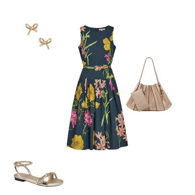 KARL LAGERFELD PARIS Poplin Floral Print Crew Neck Sleeveless Belted Drop  Waist Midi Dress | Dillard's