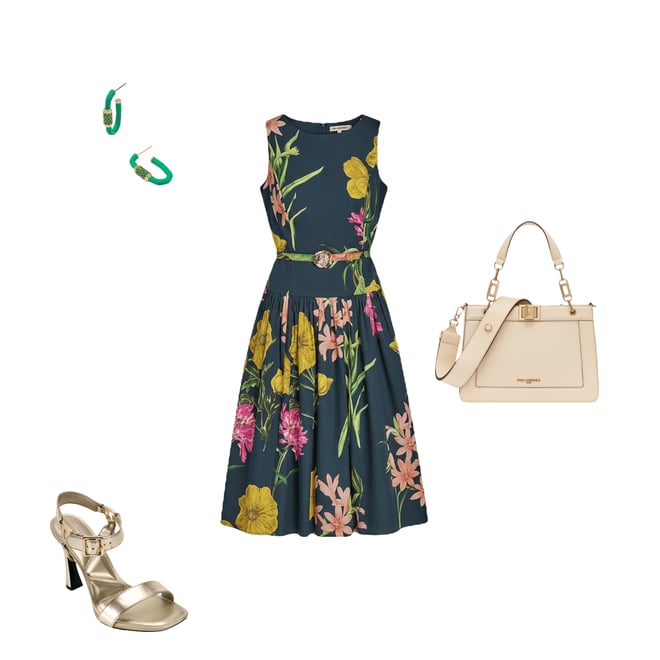 KARL LAGERFELD PARIS Poplin Floral Print Crew Neck Sleeveless Belted Drop  Waist Midi Dress | Dillard's