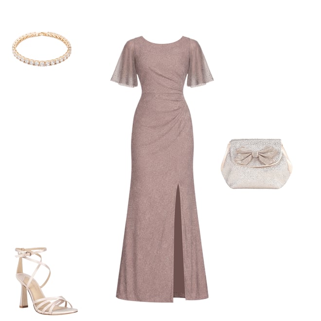 Alex Evenings Metallic Embellished Flutter Short Sleeve Boat Neck Ruched  Waist Front Slit A-Line Gown | Dillard's