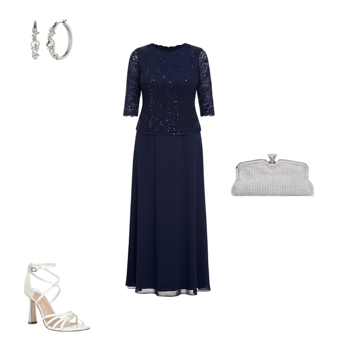 Alex Evenings Plus Size Crew Neck 3/4 Sleeve Sequin Lace Scalloped Hem  Bodice Chiffon Skirted Dress