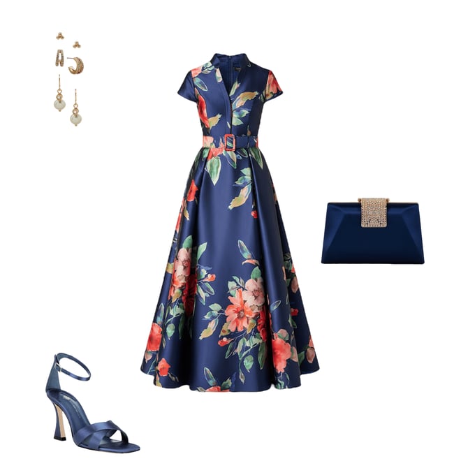 Adrianna Papell Floral Print Mikado Belted Short Sleeve Long Gown |  Dillard's