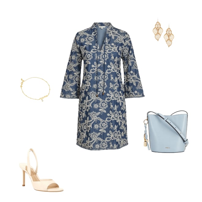 Eliza J Petite Size Embroidered Denim 3/4 Sleeve Crew Keyhole Neckline Tie  Front Shift Dress | Dillard's