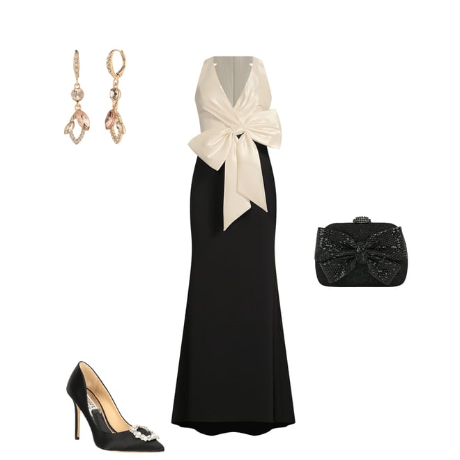 Belle by Badgley Mischka Isabella Bow V-Neck Halter Dress