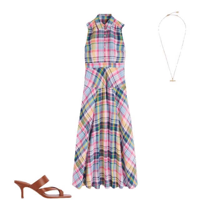 chinese dress ladies Erma Drop Waist Linen Dress-Blue, Pink and Green Madras main image 1