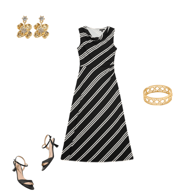 Women's Petite - Jersey Fit-&-Flare Maxi Dress - Cliff Stripe - Black/Ivory White - 16 Talbots