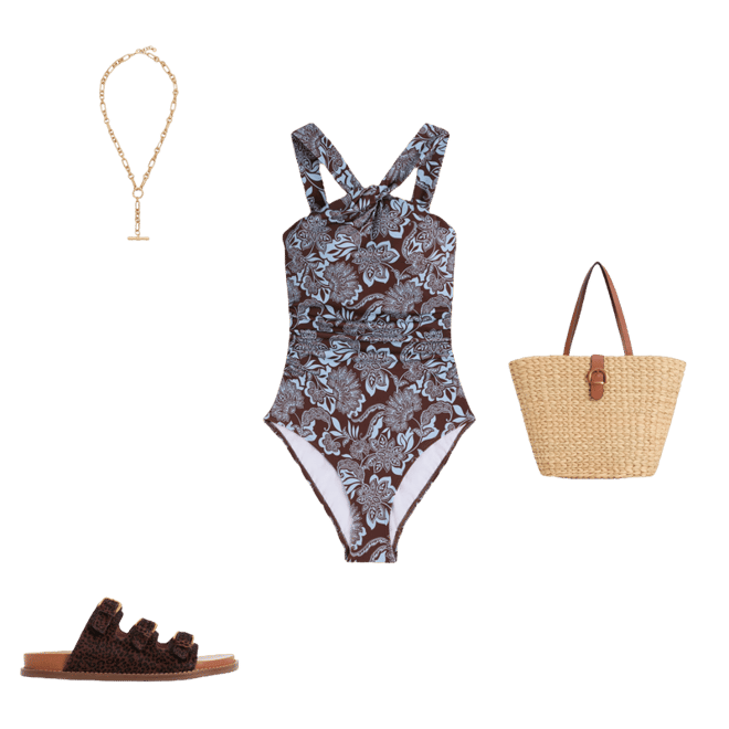 Pleated Strap Cross Swimsuit-Hot Chocolate, Elegant Blossom