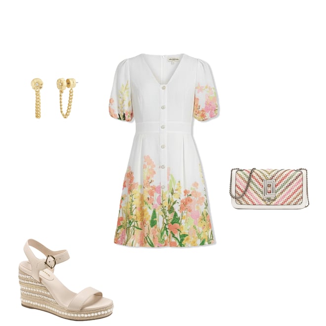 KARL LAGERFELD PARIS Floral Printed Linen Fit & Flare Short Puff Sleeve  Dress