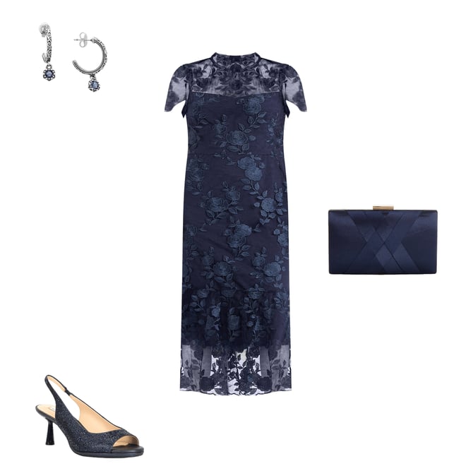 Maggy London Floral Embroidered Illusion Crew Neck Short Sleeve Ruffle Hem  Midi Dress