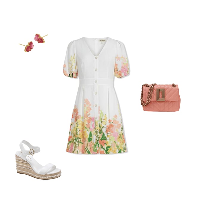 KARL LAGERFELD PARIS Floral Printed Linen Fit & Flare Short Puff Sleeve  Dress | Dillard's