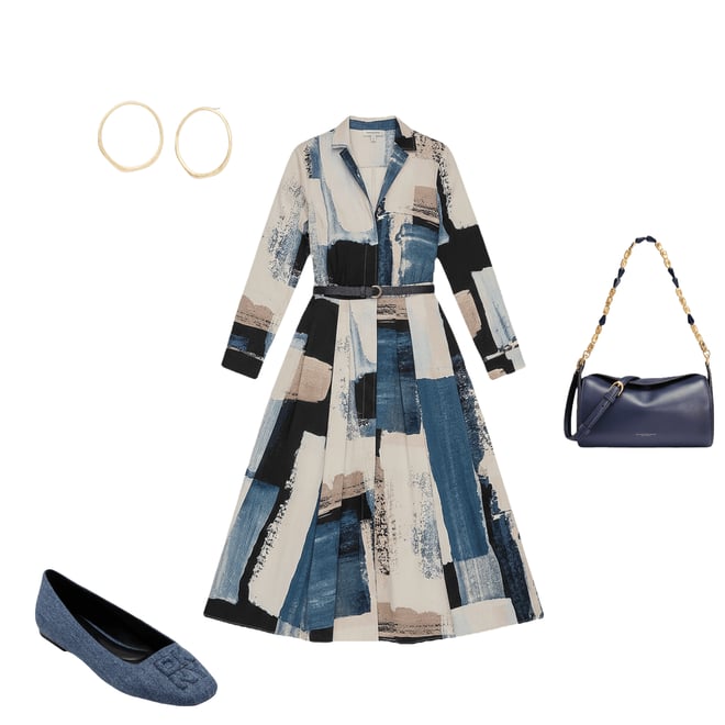 Donna Karan Cotton Sateen Printed Point Collar Long Sleeve Button-Front  Midi Dress