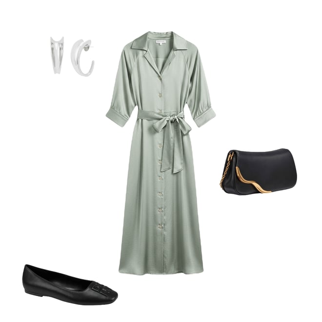 Donna Karan Satin Collared Neck 3/4 Sleeve Belted Midi Shirt Dress |  Dillard's