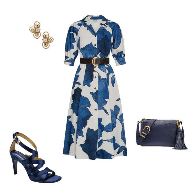 Donna Karan Floral Print Cotton Sateen Short Puff Sleeve Belted Midi Shirt  Dress