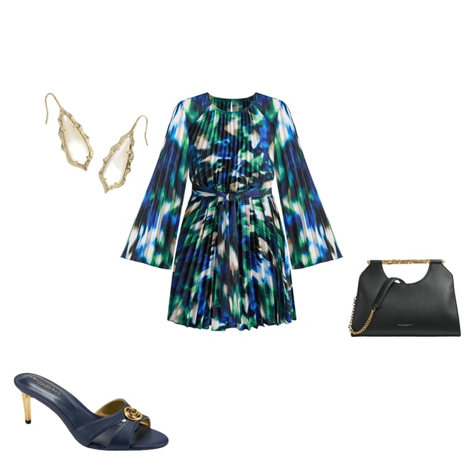 DKNY by Donna Karan Printed Woven Crew Neck Long Sleeve Belted Pleated A-Line  Dress | Dillard's
