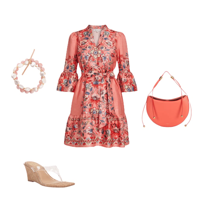 Vince Camuto Floral Print V-Neck 3/4 Sleeve Belted A-Line Dress