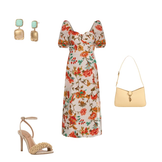 Vince Camuto Square Neck A Line Puff Sleeve Floral Print Midi Dress