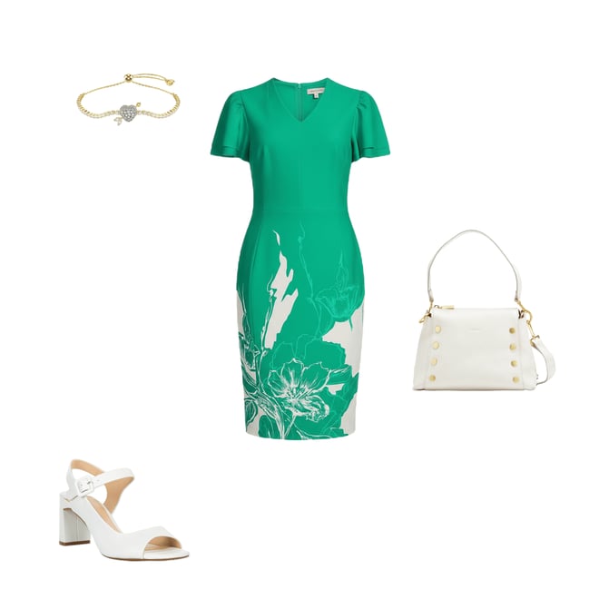 Investments Scuba Crepe Green Sketch Floral Short Ruffle Sleeve V-Neck  Sheath Dress | Dillard's