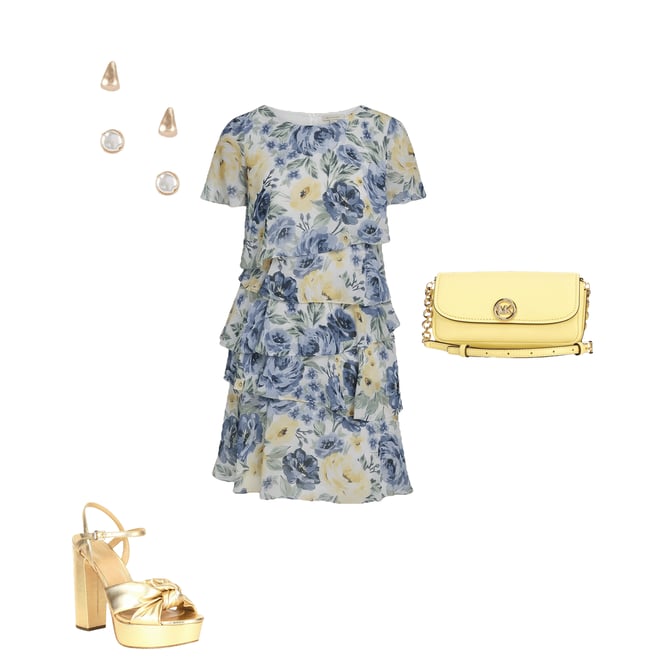 Jessica Howard Floral Chiffon Boat Neck Flutter Sleeve Tiered Dress