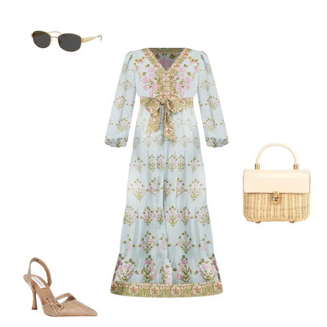 A Loves A Woven Floral Print Deep V-Neck Long Bubble Sleeve Tiered A-Line  Flounce Maxi Dress