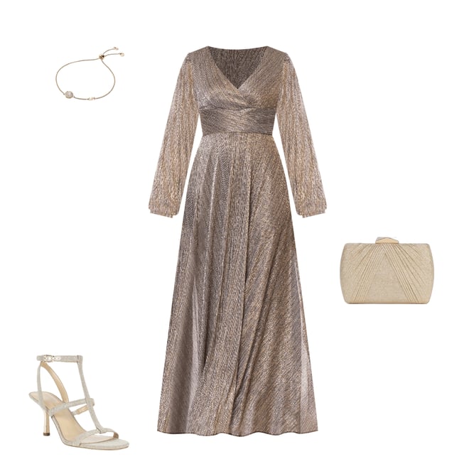 Betsy & Adam Metallic Crinkle V-Neck Long Sleeve Wrap Bodice Gown