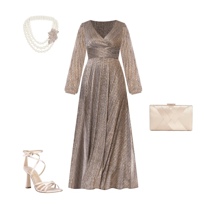 Betsy & Adam Metallic Crinkle V-Neck Long Sleeve Wrap Bodice Gown |  Dillard's