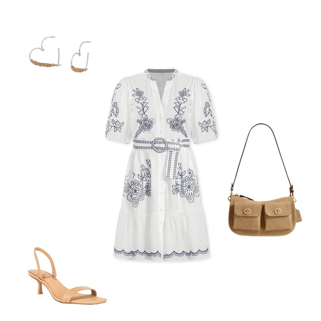 Lizページ Eliza J Embroidered Cotton Floral Print Split V Neck Short Sleeve