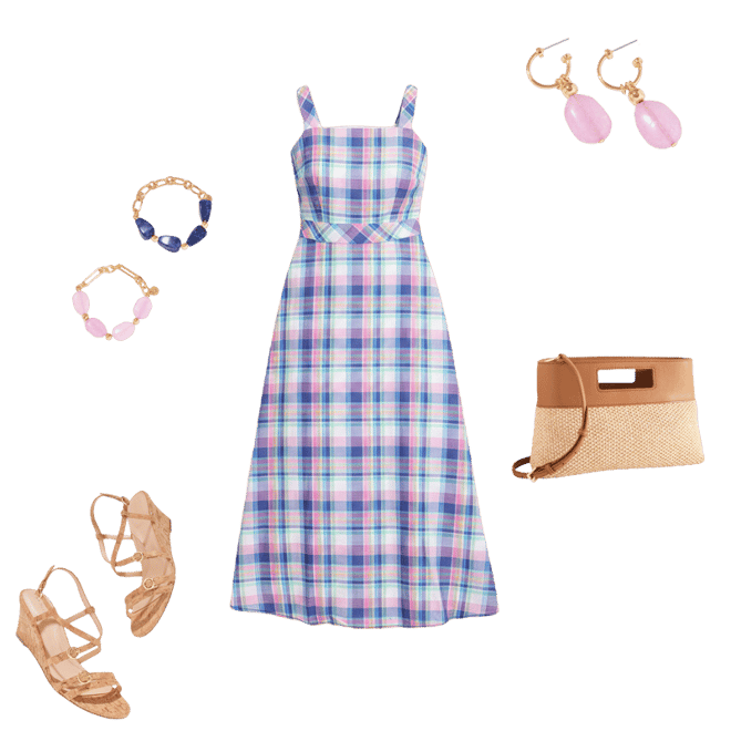 Women's Sleeveless Fit & Flare Dress - Fresh Madras - Pink/Navy Blue - 14 Talbots