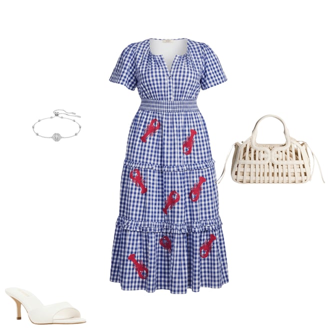 Sugarlips Plus Size Lobster Embroidered Gingham Print Split Neck Short  Sleeve Tiered Poplin Maxi Dress