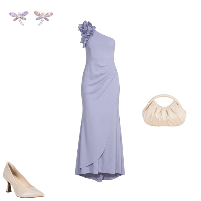 open lace back dress Xscape Petite One-Shoulder Applique Ball Gown - Blue Gold
