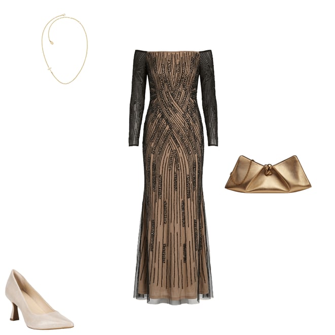 Adrianna Papell Off-The-Shoulder Long Sleeve Beaded Mesh Gown | Dillard's