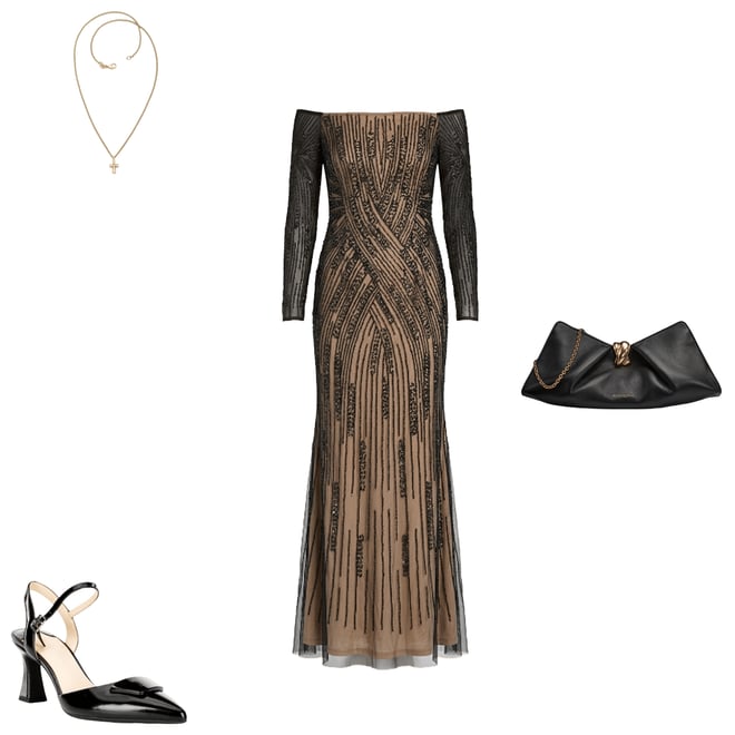 Adrianna Papell Off-The-Shoulder Long Sleeve Beaded Mesh Gown | Dillard's